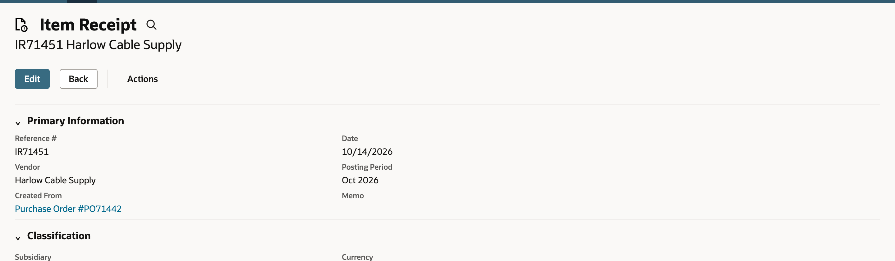 Item receipt IR71451 for Harlow Cable Supply with Created From linking to Purchase Order #PO71442.
