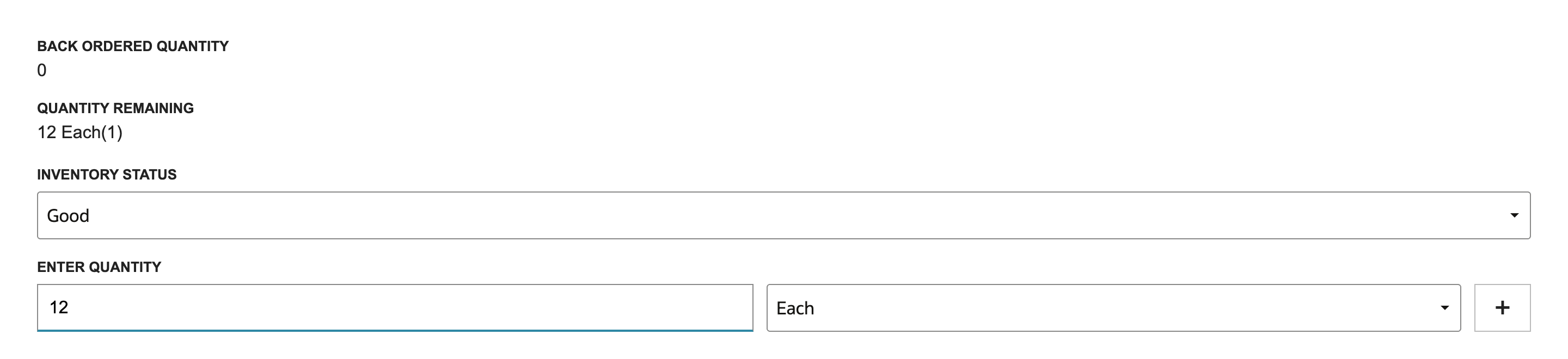 Enter Quantity for CBL-310 with 12 Each(1) remaining, the status Good, 12 typed and the unit Each.