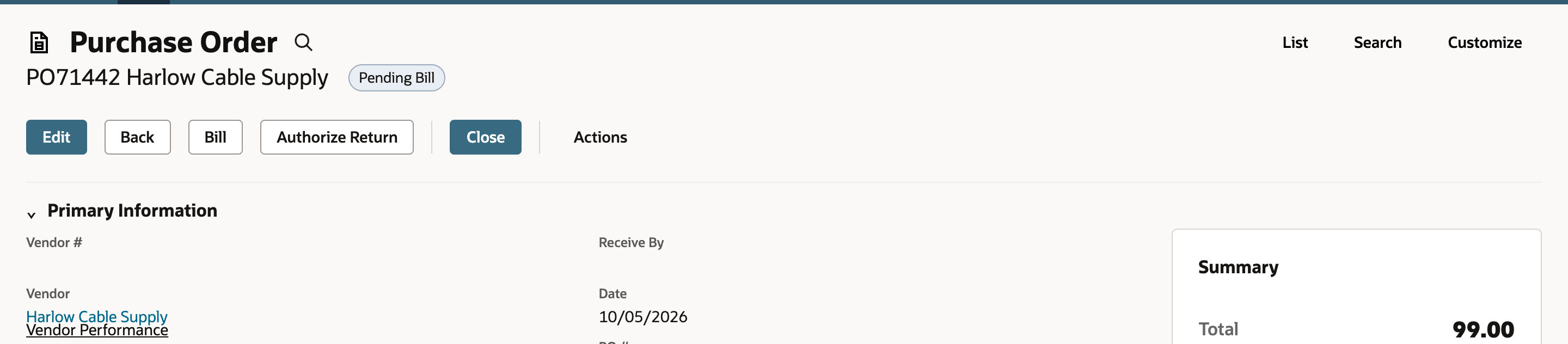 PO71442 with the status Pending Bill and the buttons Edit, Back, Bill, Authorize Return and Close.