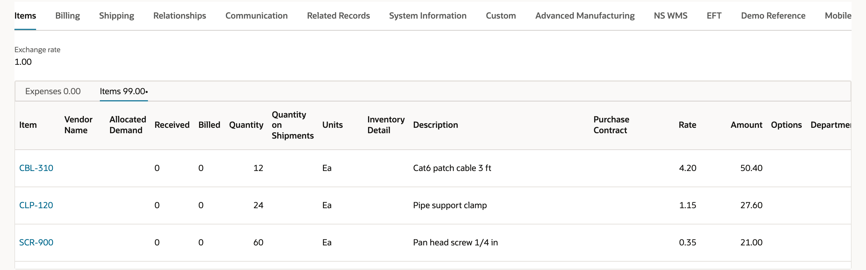 The Items tab of PO71442 with CBL-310 for 12, CLP-120 for 24 and SCR-900 for 60, each with Received 0.