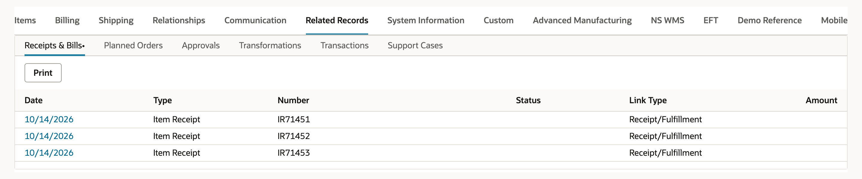 Receipts & Bills on PO71442 listing three Item Receipt rows, IR71451, IR71452 and IR71453, with the link type Receipt/Fulfillment.