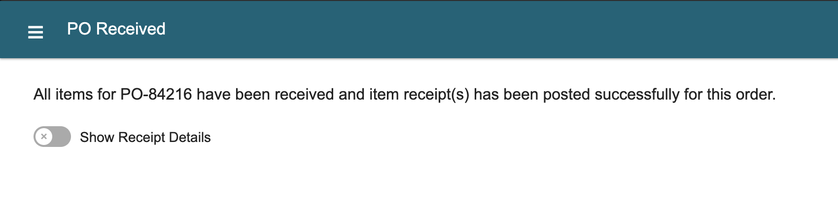 WMS Mobile PO Received page reporting the order received and item receipt posted