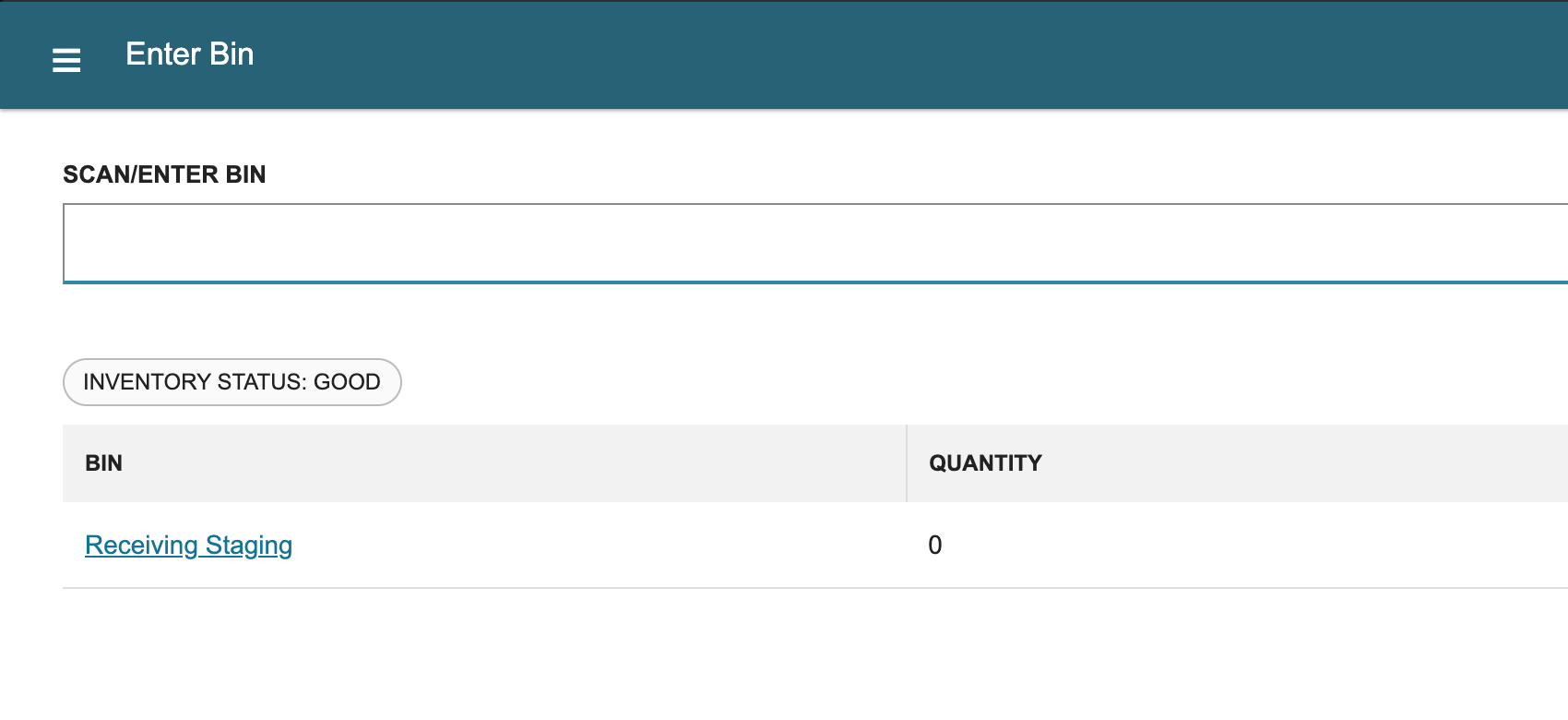 WMS Mobile Enter Bin list showing Receiving Staging as the inbound Good-status bin