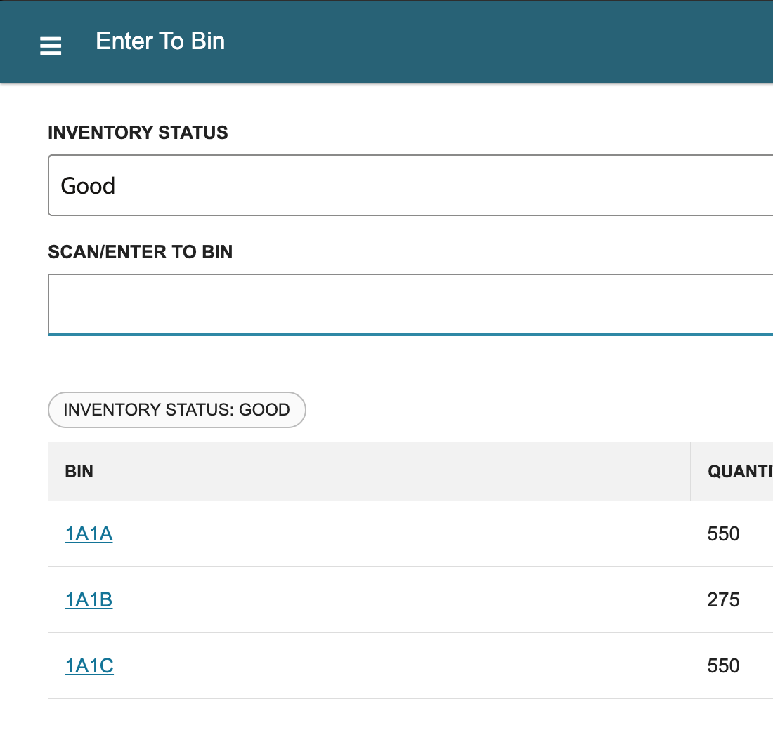 WMS Mobile Enter To Bin list with eligible storage bin 1A1C and Good inventory status
