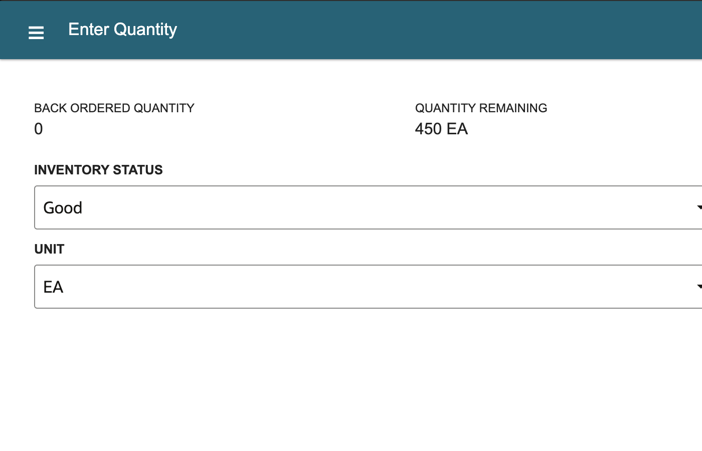 WMS Mobile Enter Quantity page showing 450 EA remaining and Good inventory status