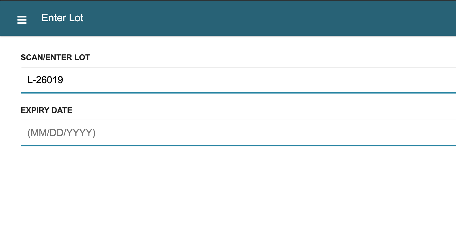 WMS Mobile Enter Lot page with L-26019 entered and Expiry Date empty