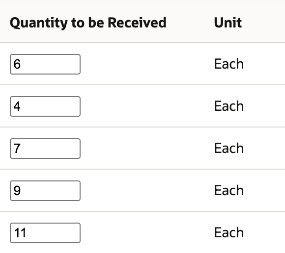 Quantity to be Received is 6, 4, 7, 9 and 11, with Each as the unit.