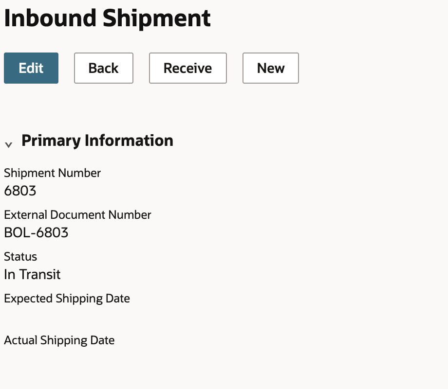 Inbound shipment 6803 in transit with zero quantity received on two item lines