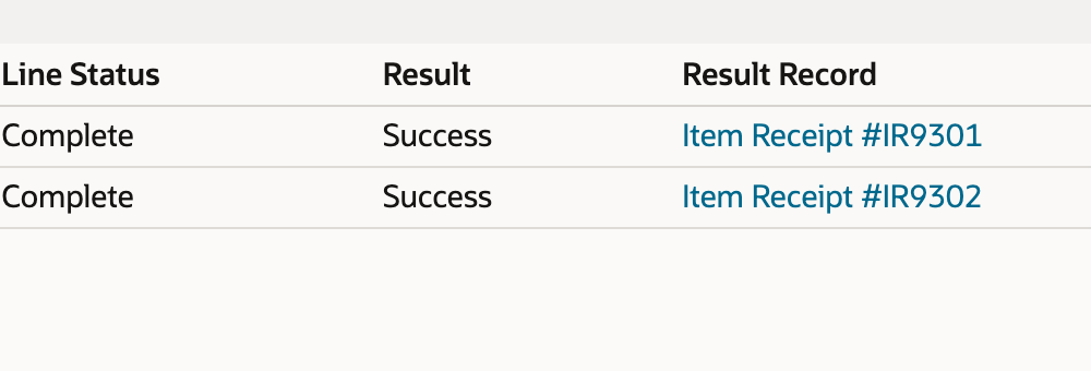 Processed Records showing two Success rows linked to item receipts IR9301 and IR9302