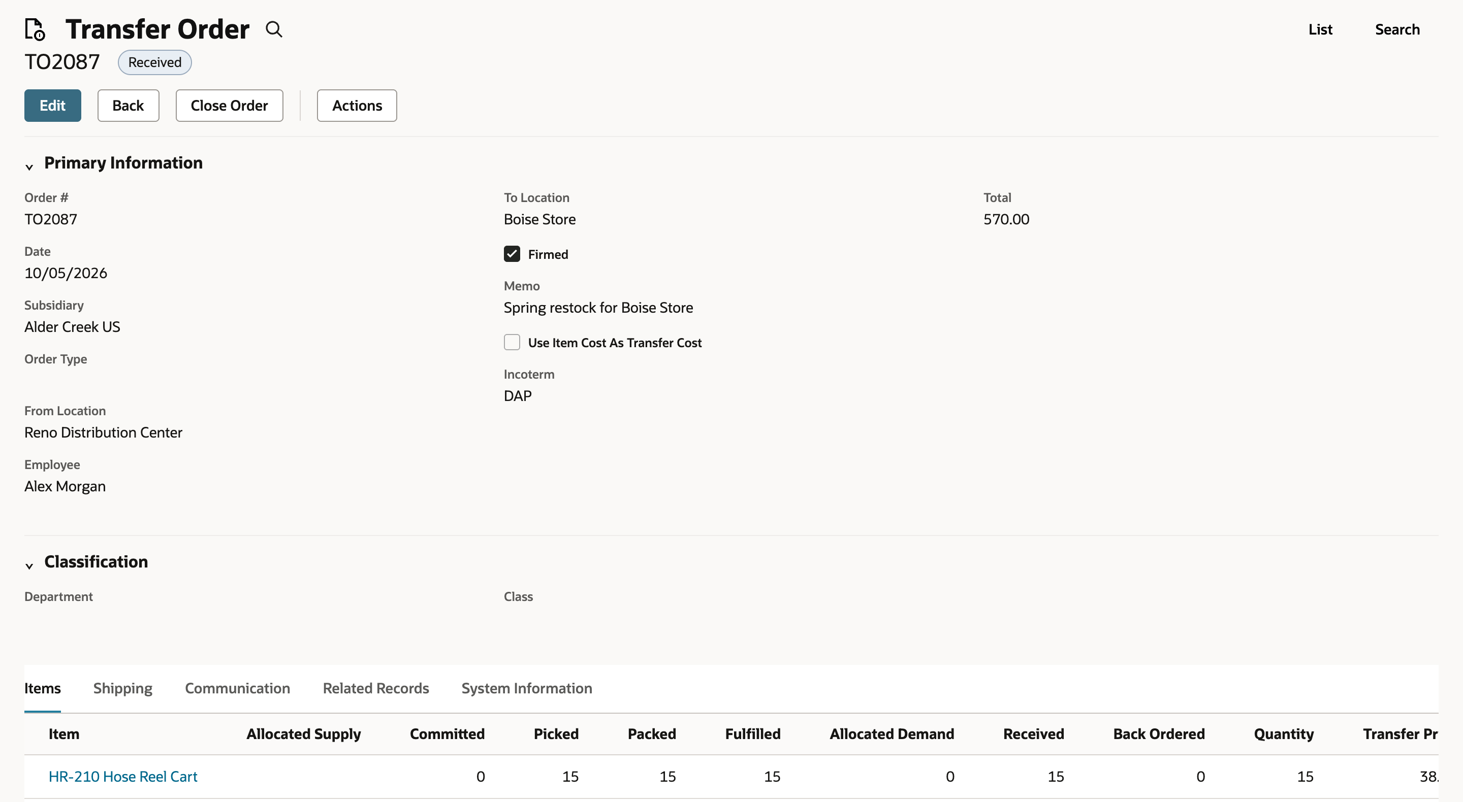 NetSuite transfer order TO2087 with status Received and a line showing Fulfilled 15, Received 15 and Quantity 15