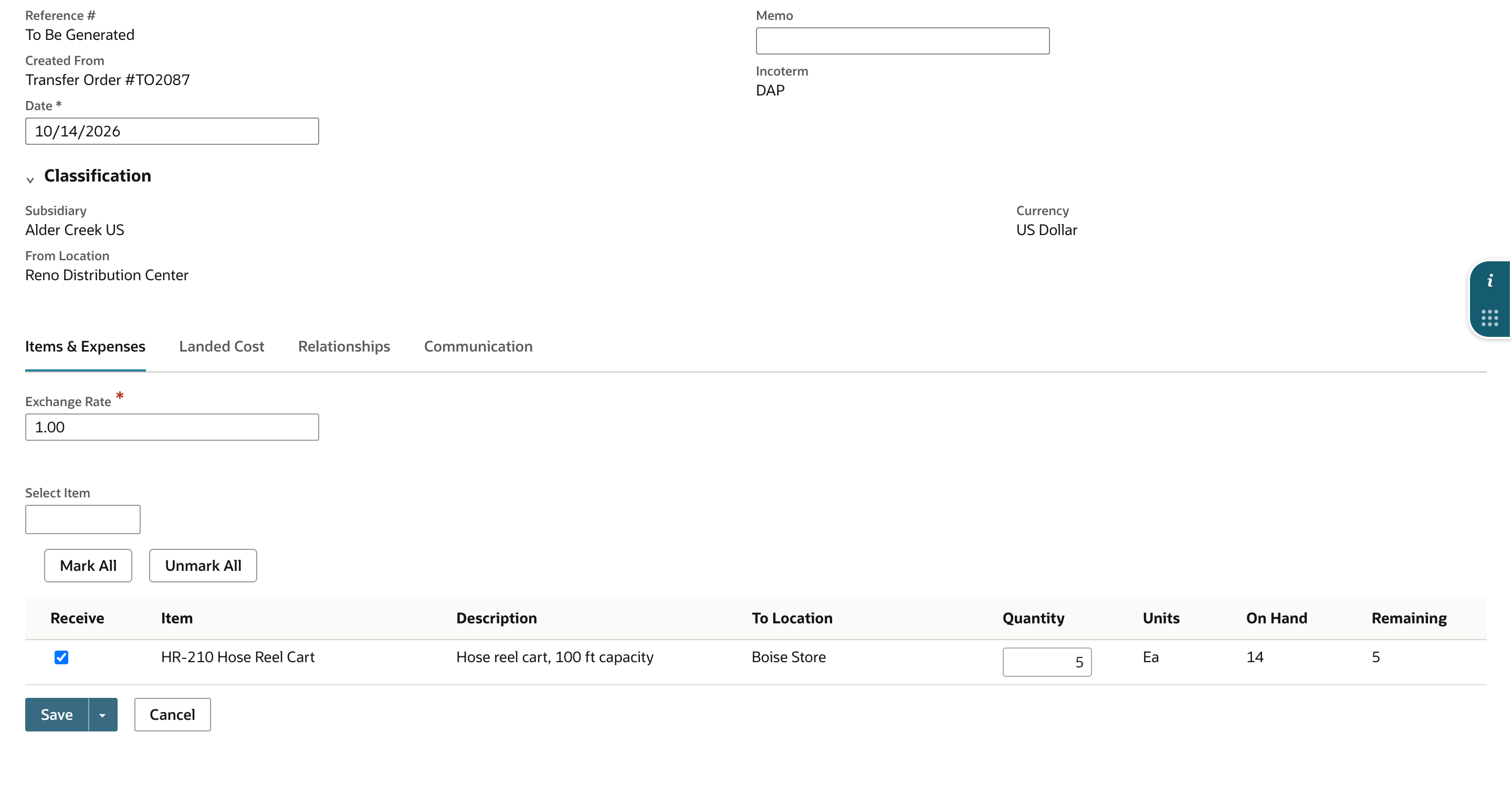 NetSuite Item Receipt created from transfer order TO2087 with Quantity 5 and Remaining 5 on the HR-210 line