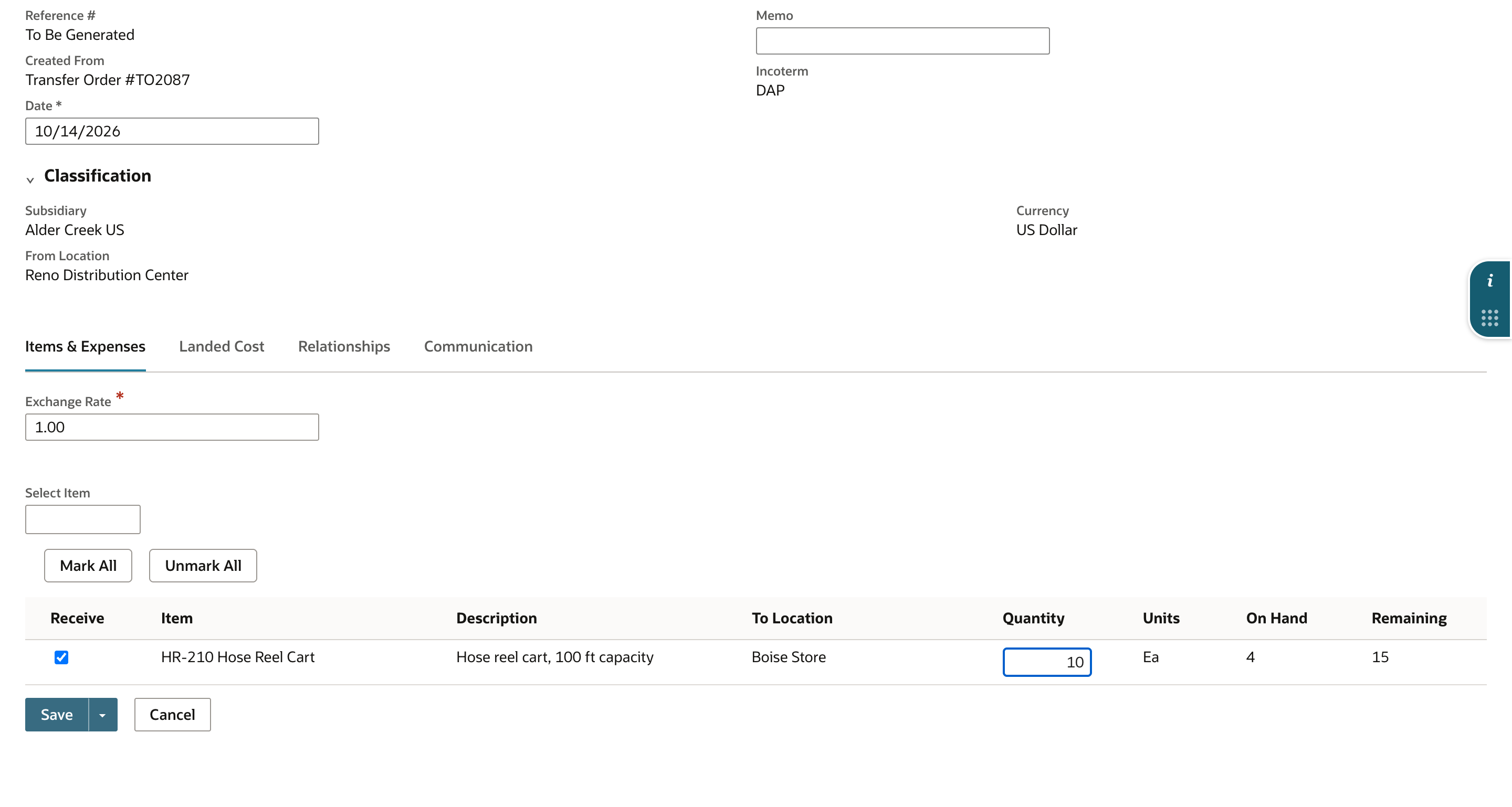 NetSuite Item Receipt created from transfer order TO2087 with Quantity changed to 10 and Remaining 15 on the HR-210 line