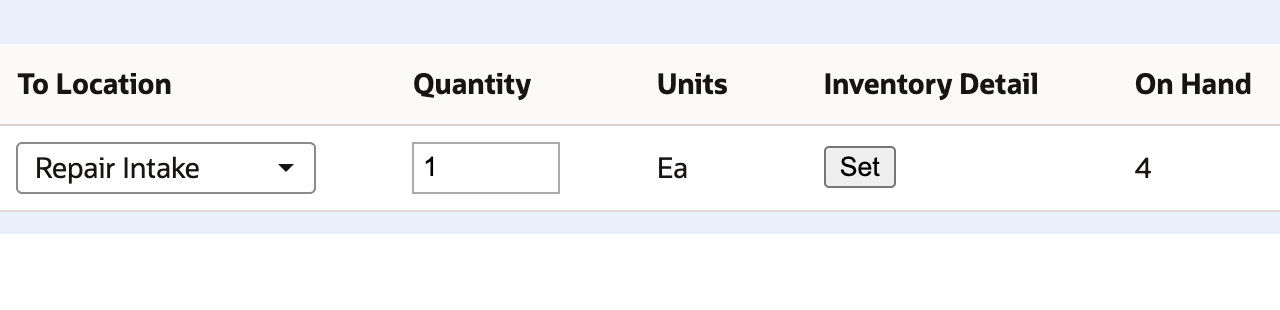 Item Receipt line showing Repair Intake, quantity one, and the Inventory Detail Set button