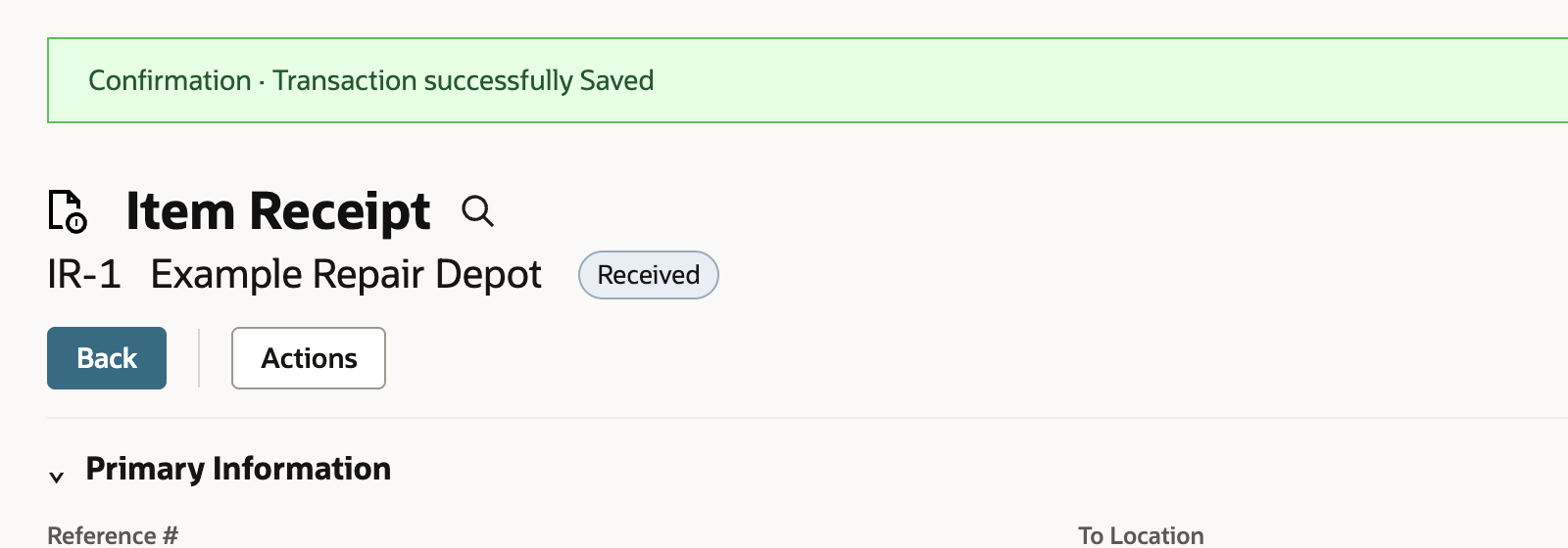 Green transaction-saved confirmation above Item Receipt IR-1