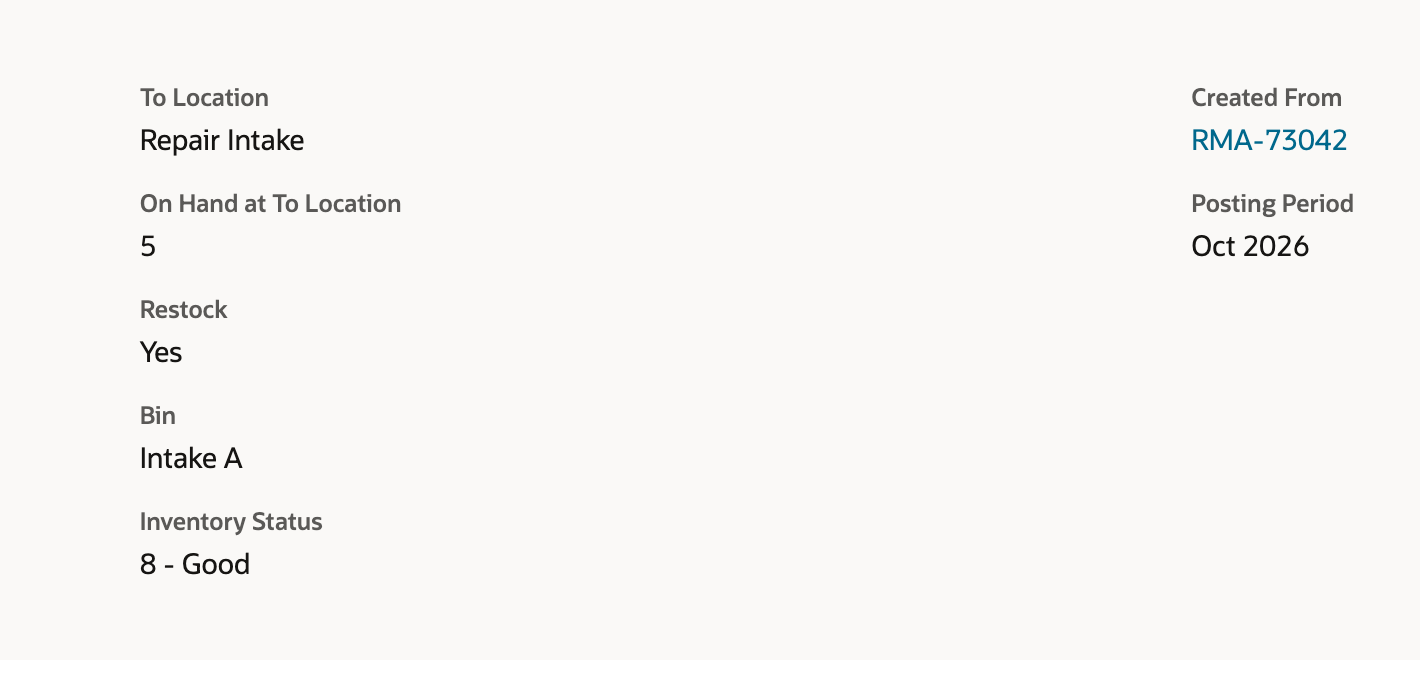 Saved Item Receipt details showing Repair Intake, Bin Intake A, Inventory Status 8 - Good, and Created From RMA-73042