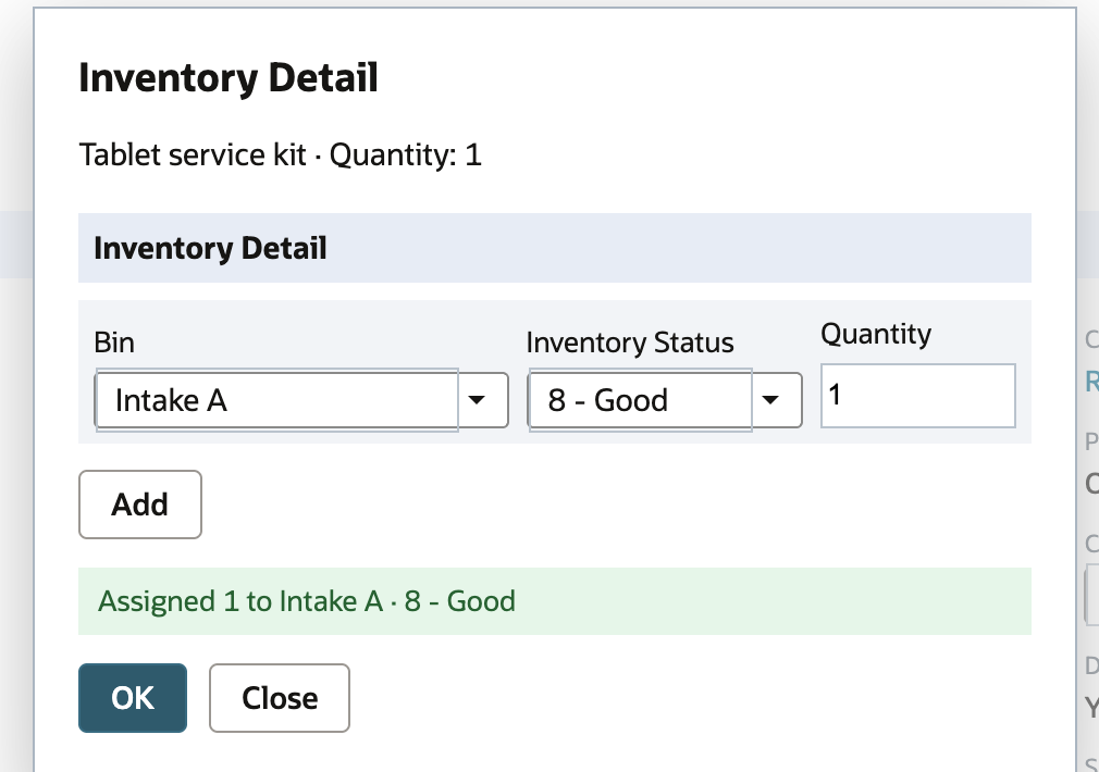 Inventory Detail assignment with bin Intake A, status 8 - Good, quantity one, and an added-assignment confirmation