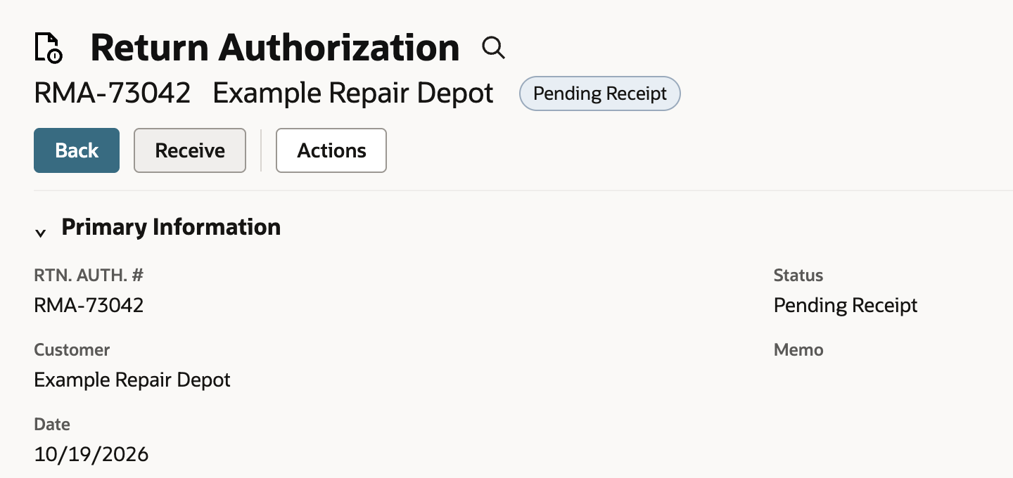 Pending Return Authorization RMA-73042 for Example Repair Depot with the Receive action