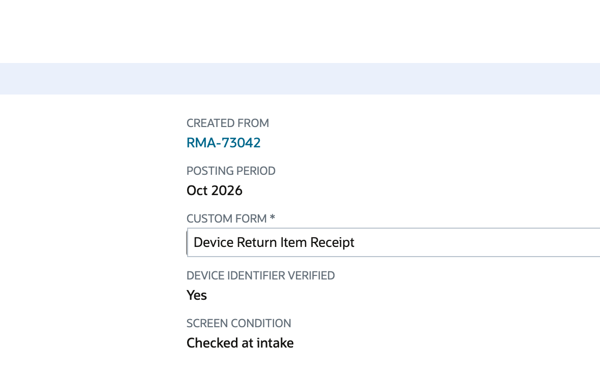 Item Receipt edit form with Created From RMA-73042 and customized device intake fields
