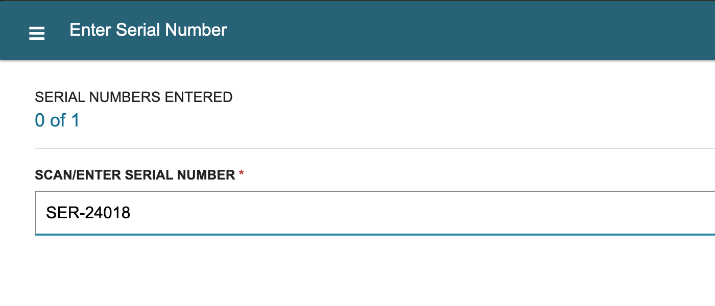WMS Mobile Enter Serial Number page showing 0 of 1 entered and SER-24018 in the serial field
