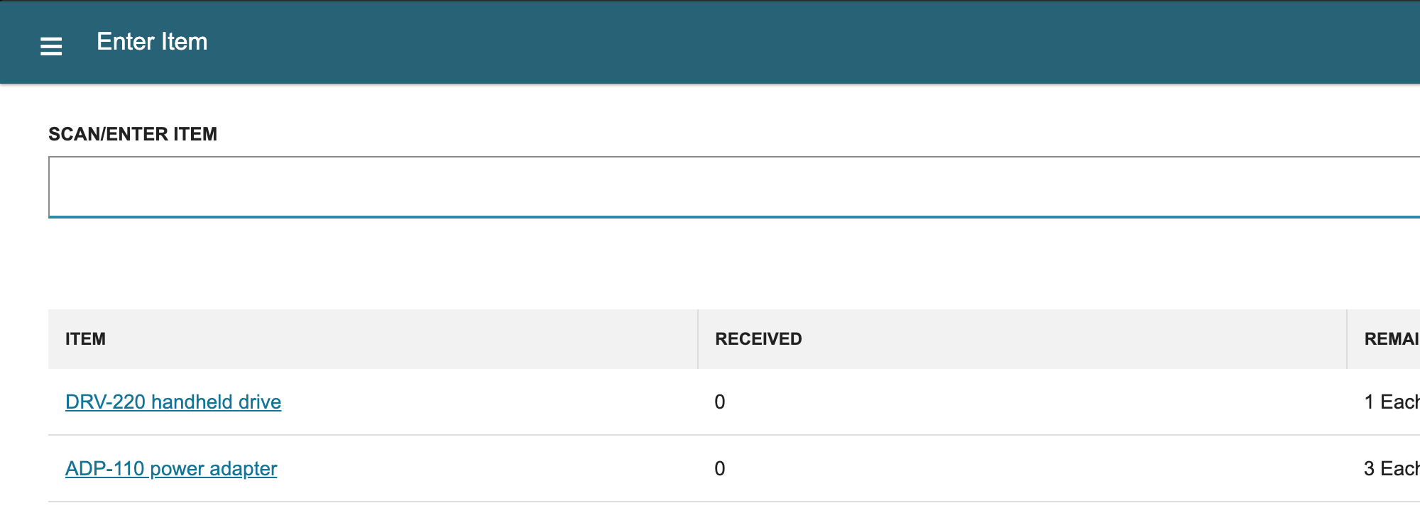 WMS Mobile Enter Item list showing DRV-220 with 1 Each remaining and ADP-110 with 3 Each remaining