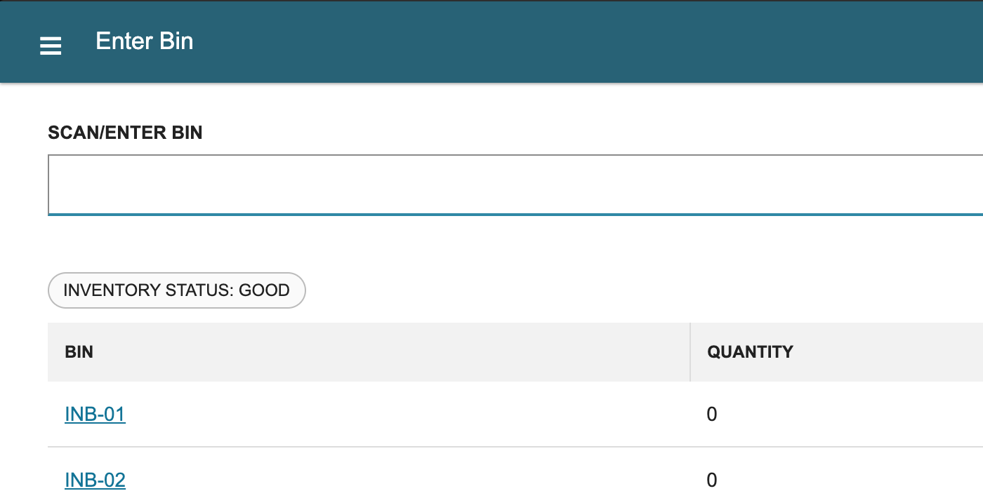 WMS Mobile Enter Bin page listing INB-01 as an available Good-status inbound bin