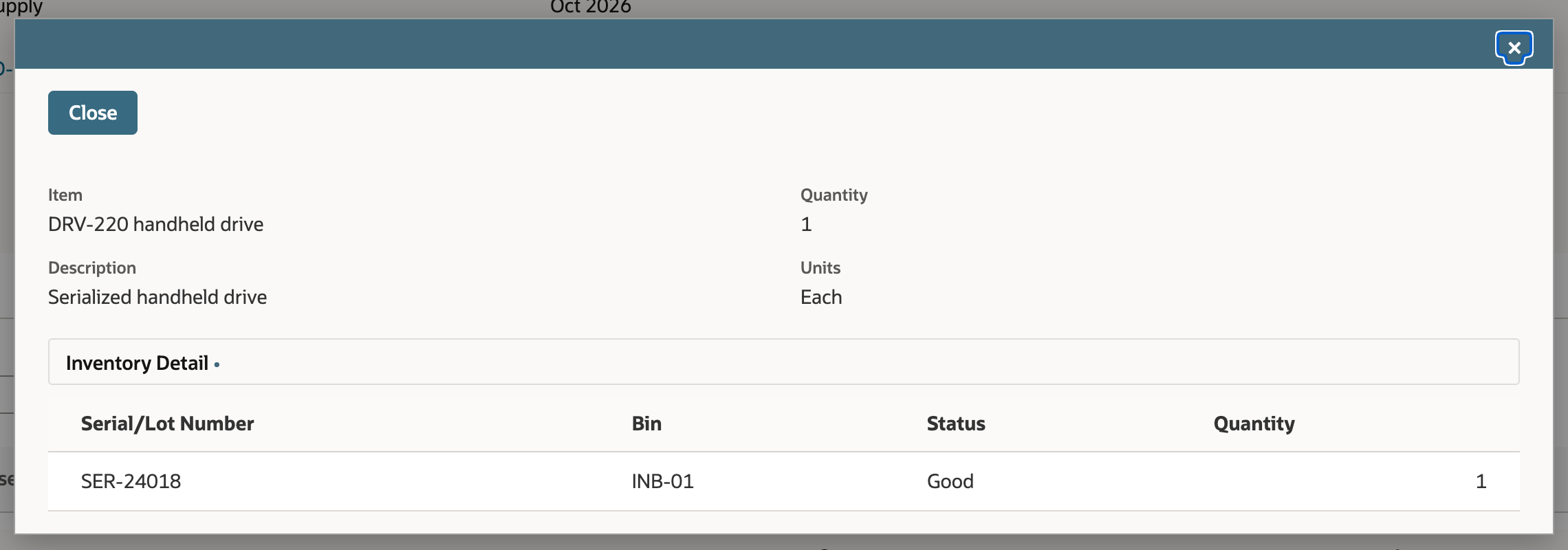 Saved Item Receipt inventory detail with serial SER-24018, bin INB-01, Good status and quantity 1