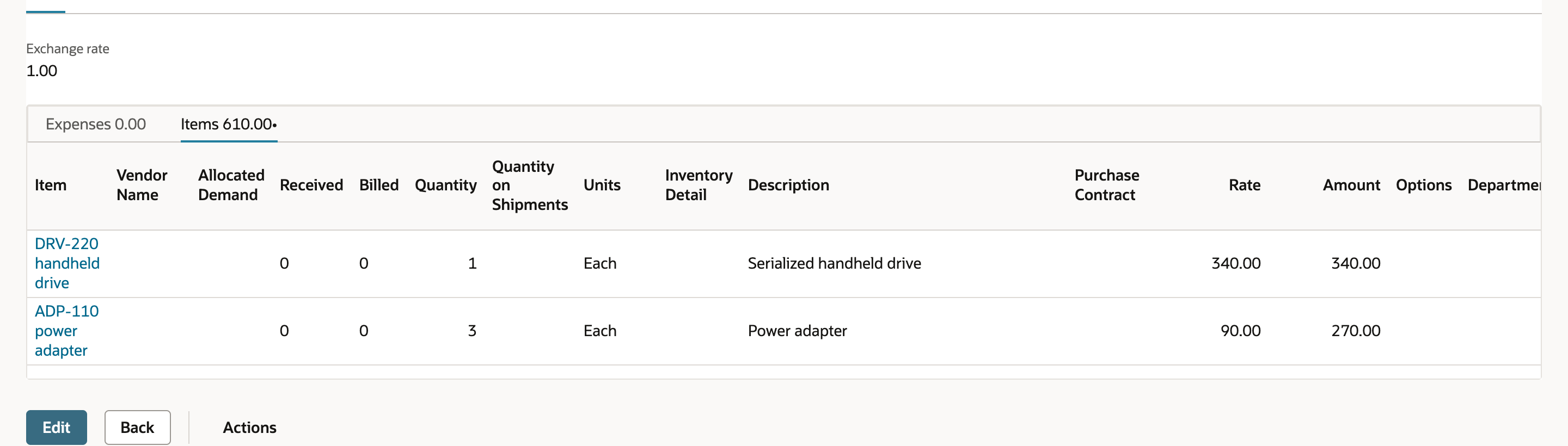 Purchase order item lines before receiving: DRV-220 ordered 1 and ADP-110 ordered 3, both with received quantity 0