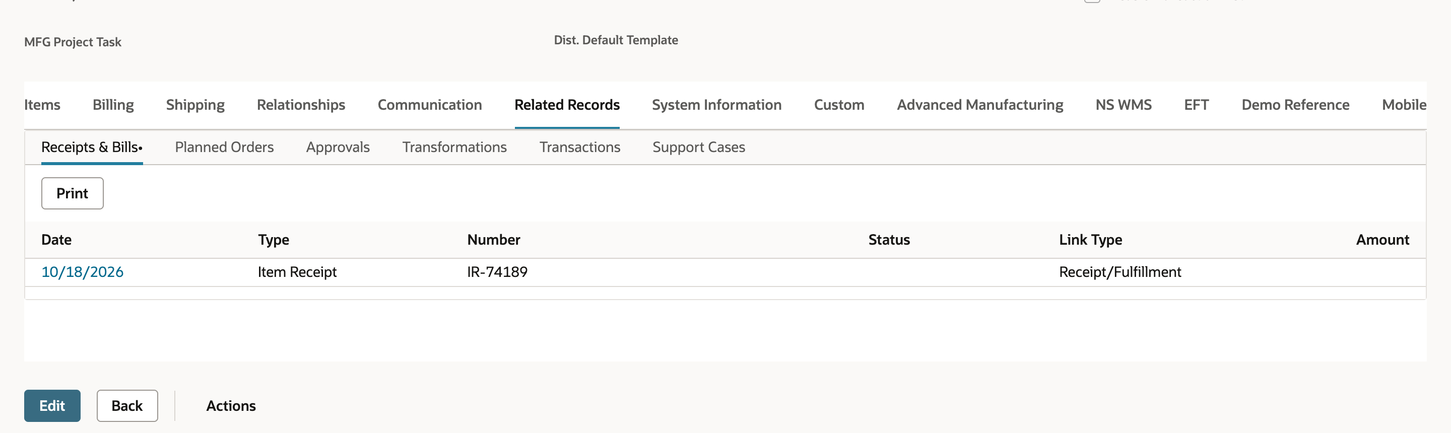 Purchase order Related Records Receipts and Bills subtab linking to Item Receipt IR-74189