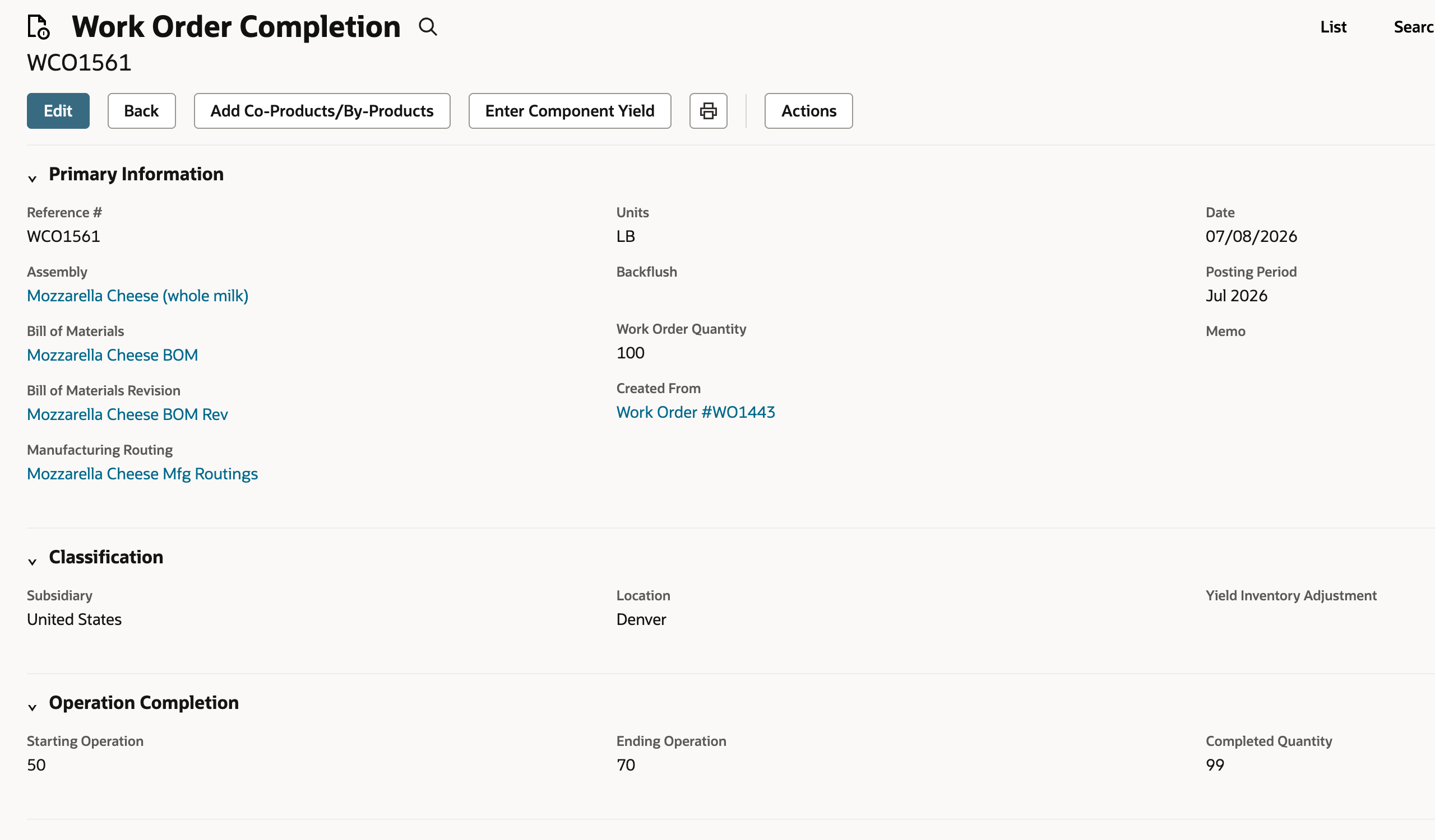 Saved Work Order Completion WCO1561 with 99 completed and the Enter Component Yield action.
