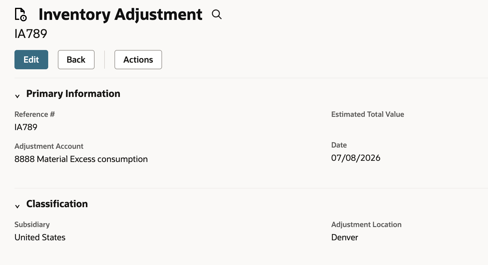 Illustrative linked Inventory Adjustment IA789, with its record number and adjustment account visible.