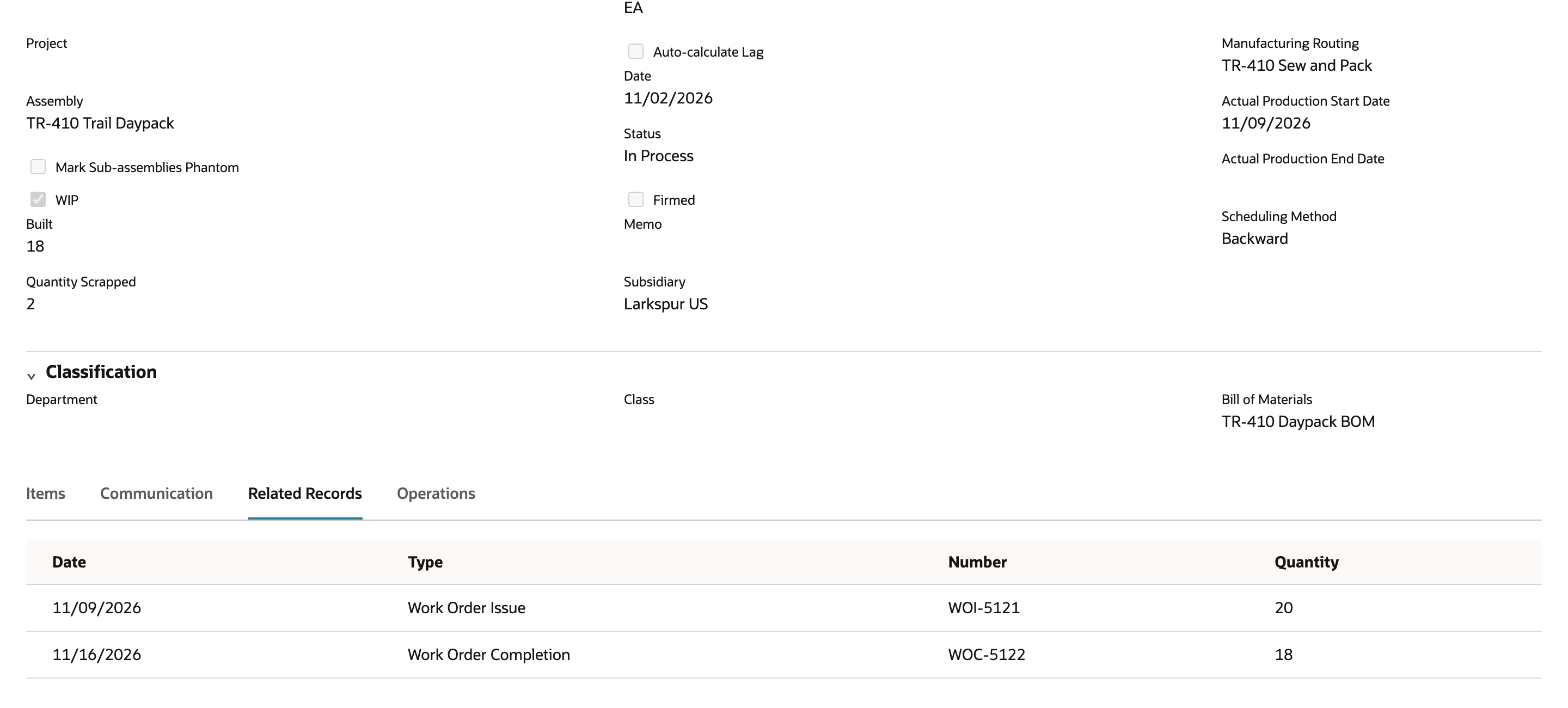 Work Order WO-5120 with status In Process, Built 18 and Quantity Scrapped 2, and Related Records listing Work Order Issue WOI-5121 and Work Order Completion WOC-5122.