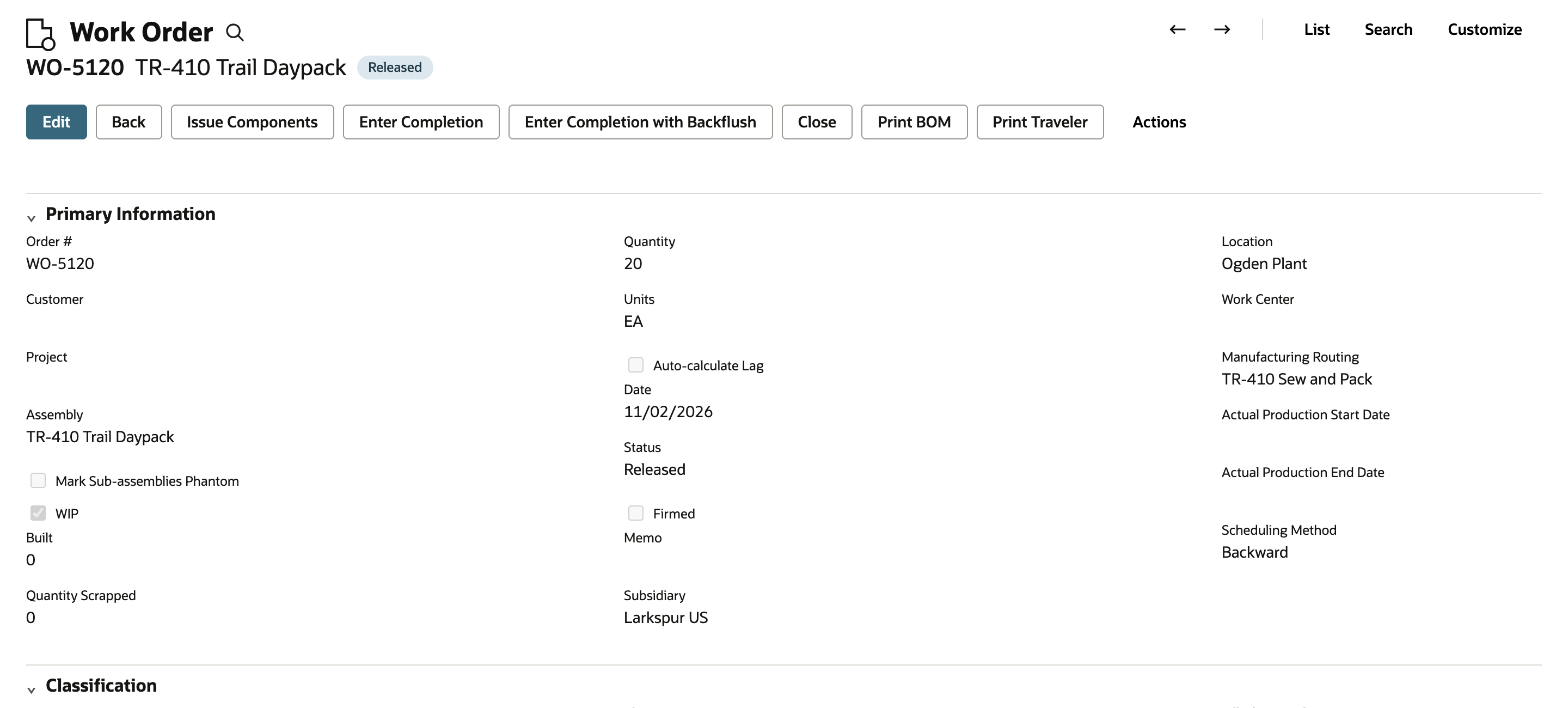 Work Order WO-5120 for TR-410 Trail Daypack with status Released, WIP checked, Built 0 and Quantity Scrapped 0, and the Issue Components and Enter Completion buttons.