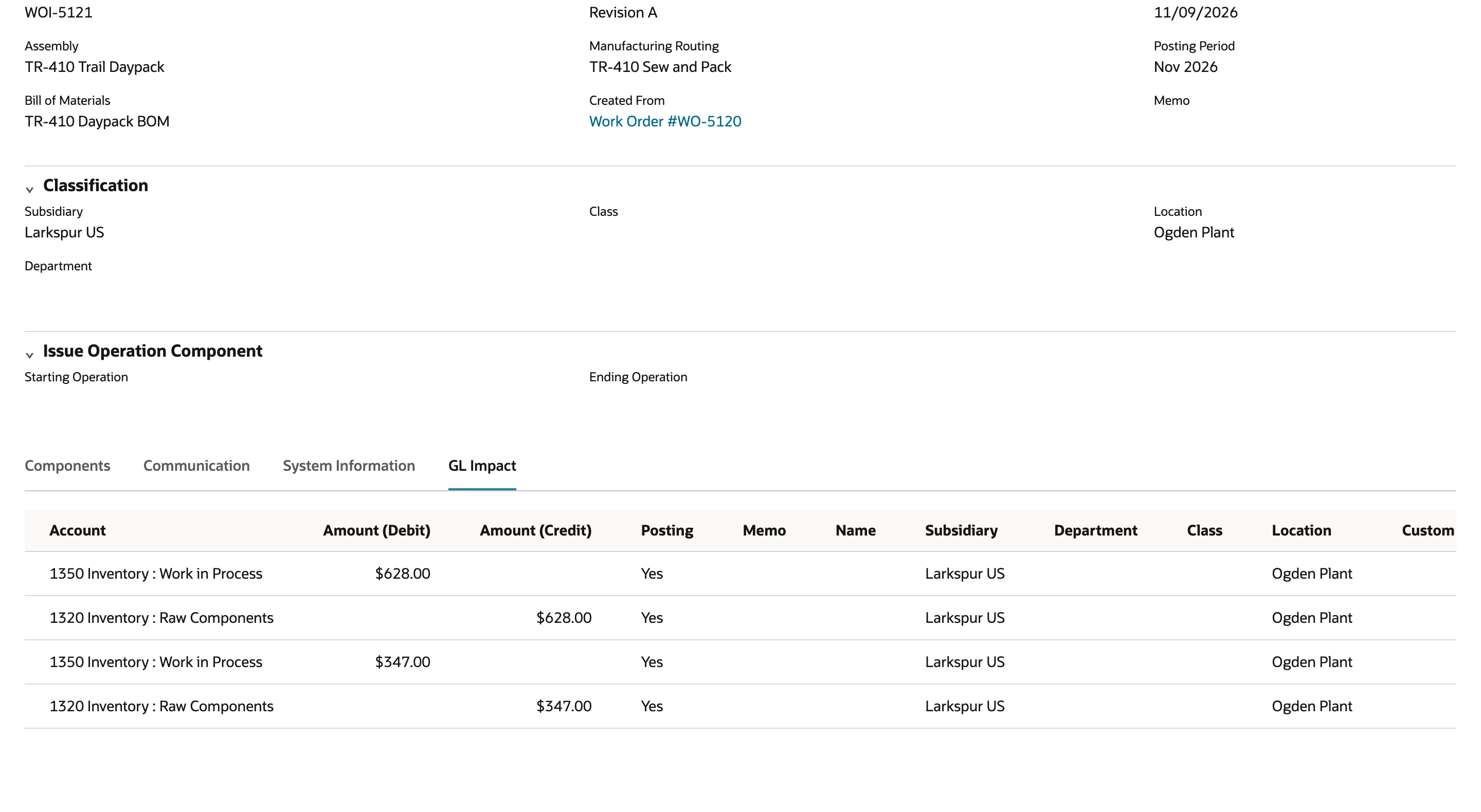 GL Impact subtab of Work Order Issue WOI-5121: Work in Process debited $628.00 and $347.00, Raw Components credited $628.00 and $347.00. An arrow points to the $628.00 debit.
