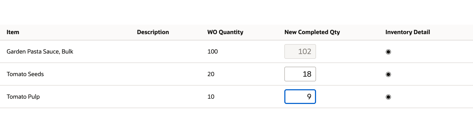 Co/By Completion Run output names, actual quantities 102, 18, and 9, and inventory-detail indicators.