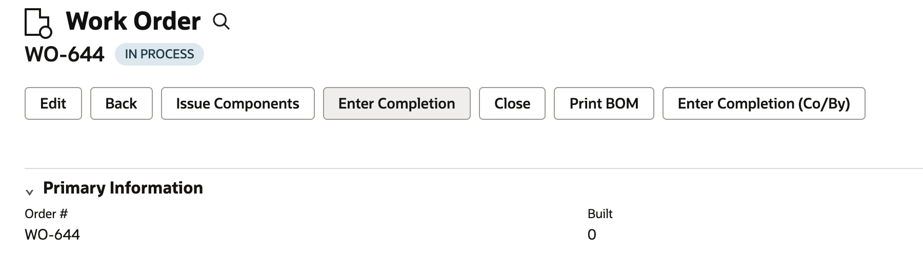 In Process work order WO-644 with Enter Completion and Enter Completion (Co/By) actions.