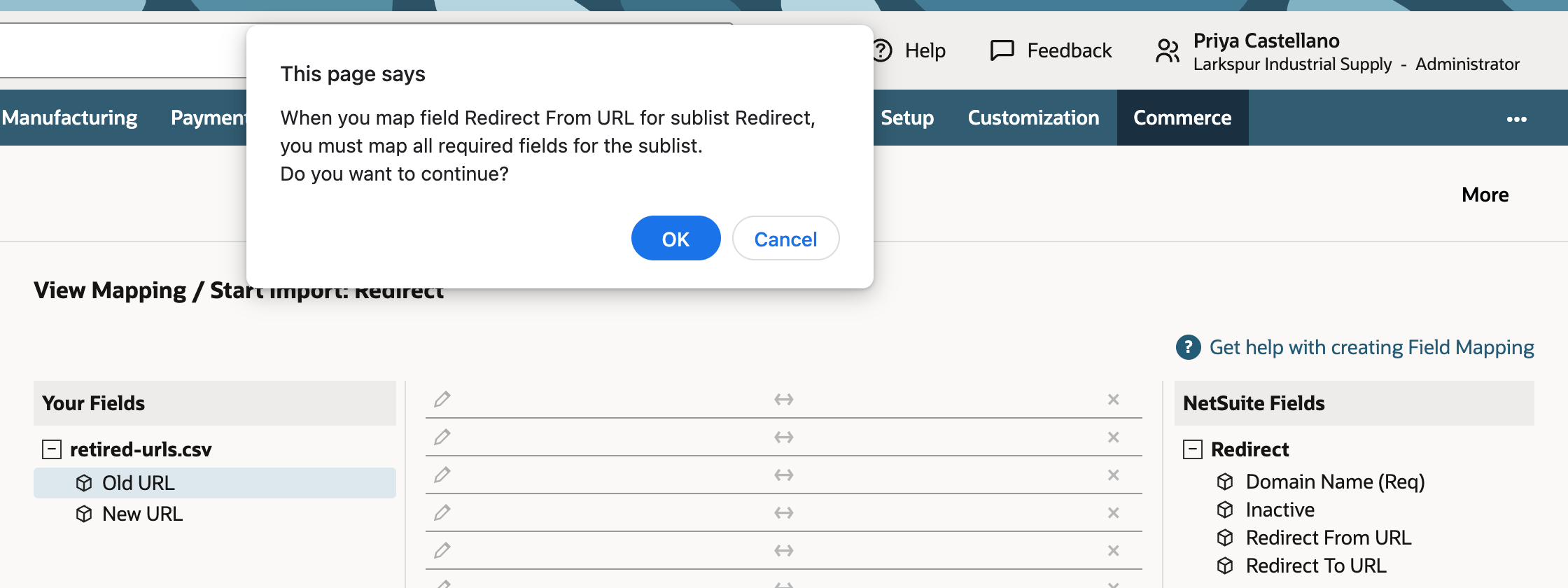 A browser dialog over the mapping step: When you map field Redirect From URL for sublist Redirect, you must map all required fields for the sublist. Do you want to continue? with OK and Cancel.