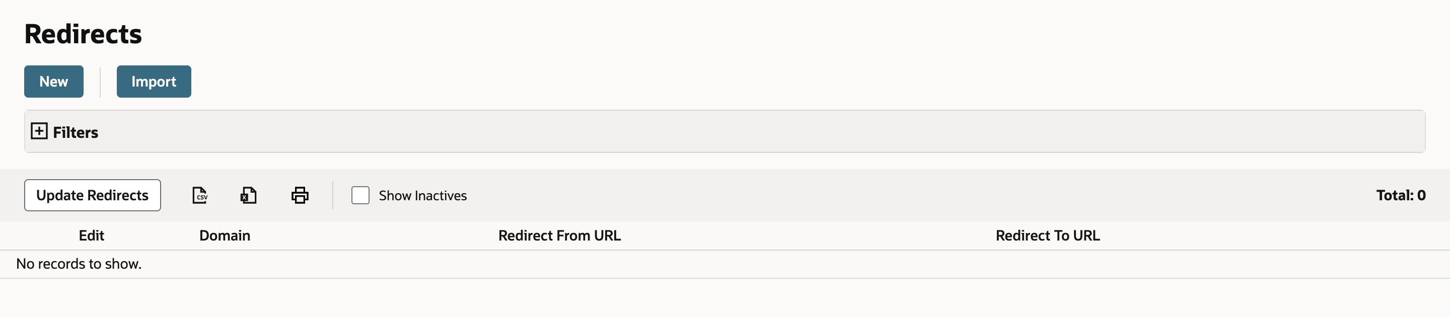 The Redirects list with New and Import buttons, an Update Redirects button, columns Domain, Redirect From URL, and Redirect To URL, No records to show, and Total: 0.
