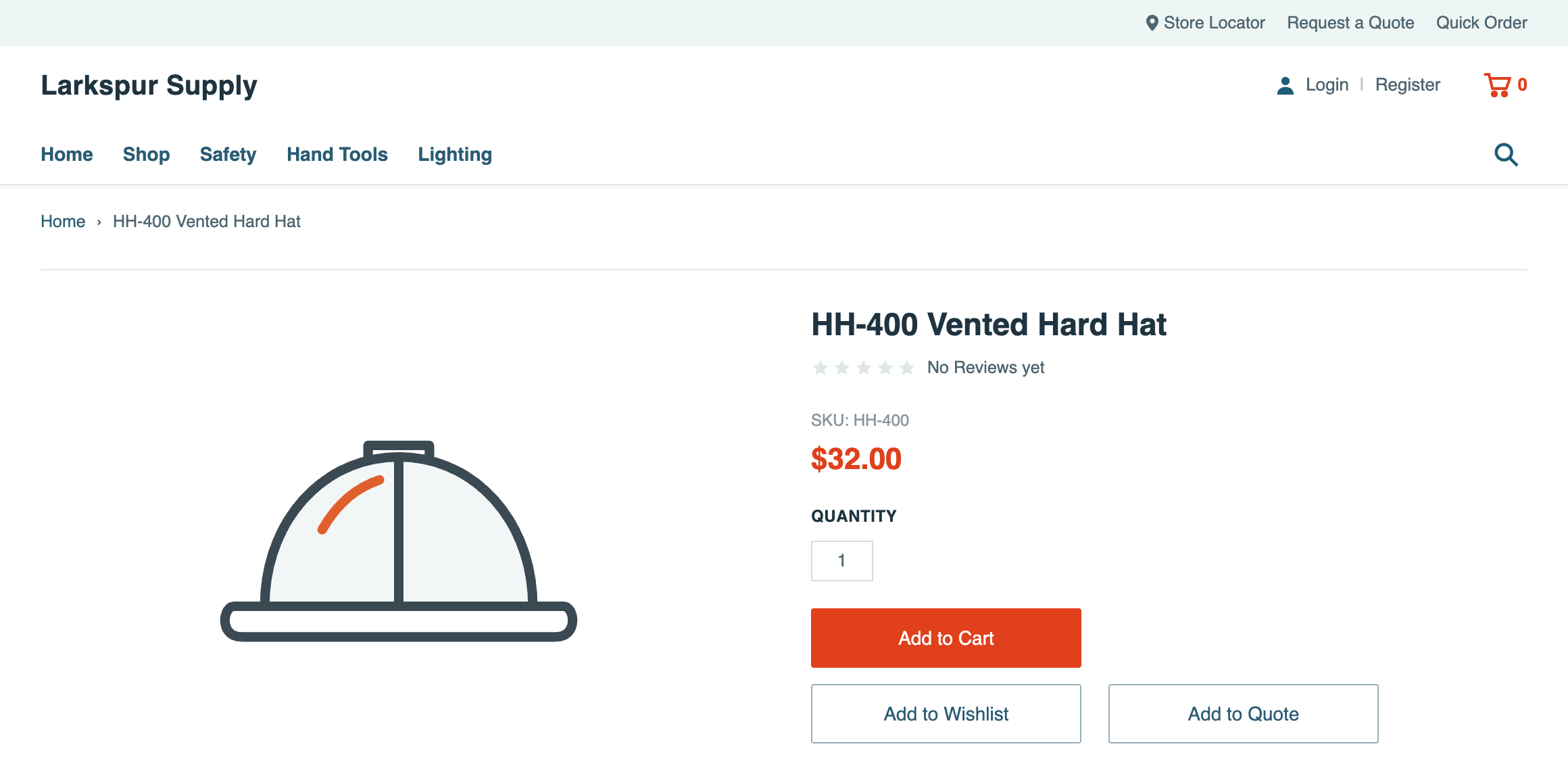 After visiting /vented-hard-hat, the store shows the HH-400 Vented Hard Hat product page, SKU HH-400, $32.00.