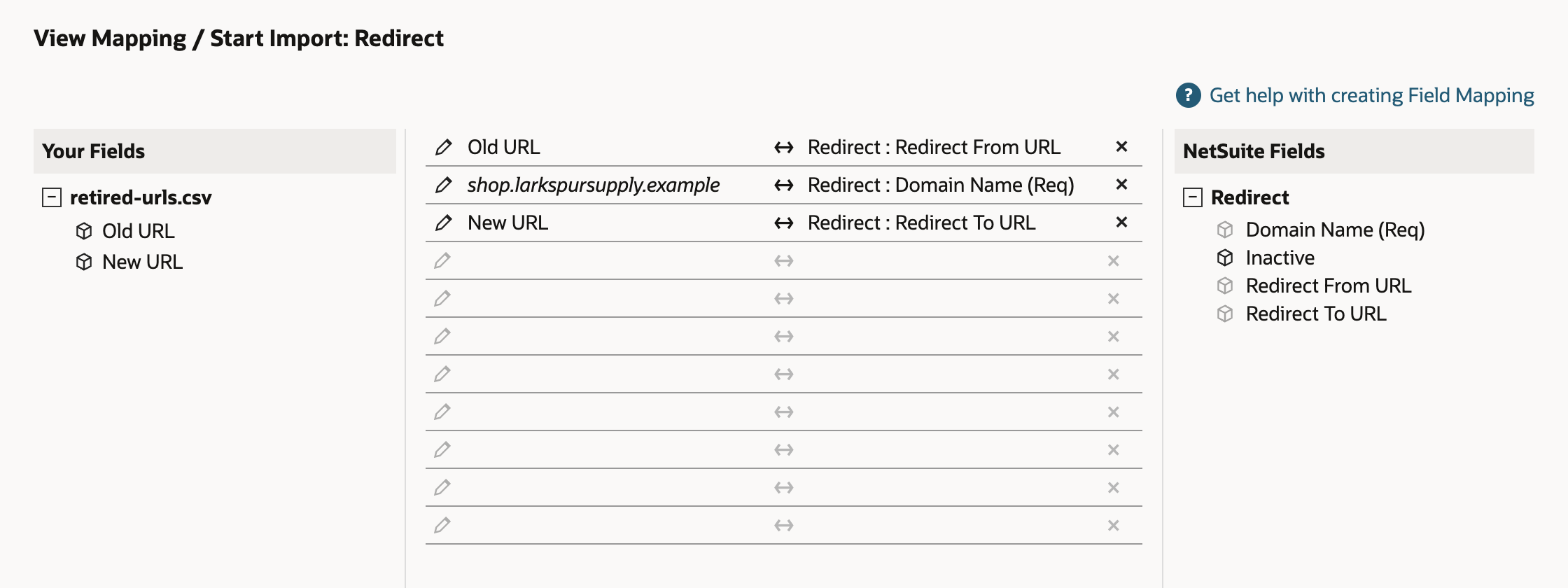 The field mapping with three rows: Old URL to Redirect : Redirect From URL, shop.larkspursupply.example to Redirect : Domain Name (Req), and New URL to Redirect : Redirect To URL.