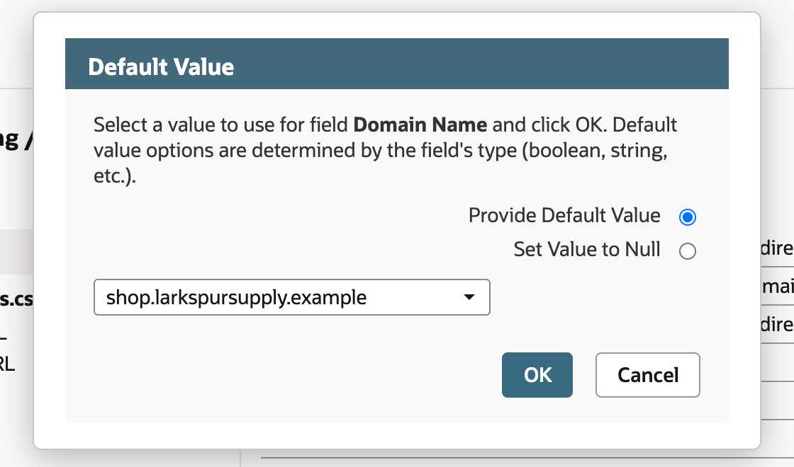 The Default Value dialog for field Domain Name with Provide Default Value selected and shop.larkspursupply.example chosen in the dropdown, with OK and Cancel.