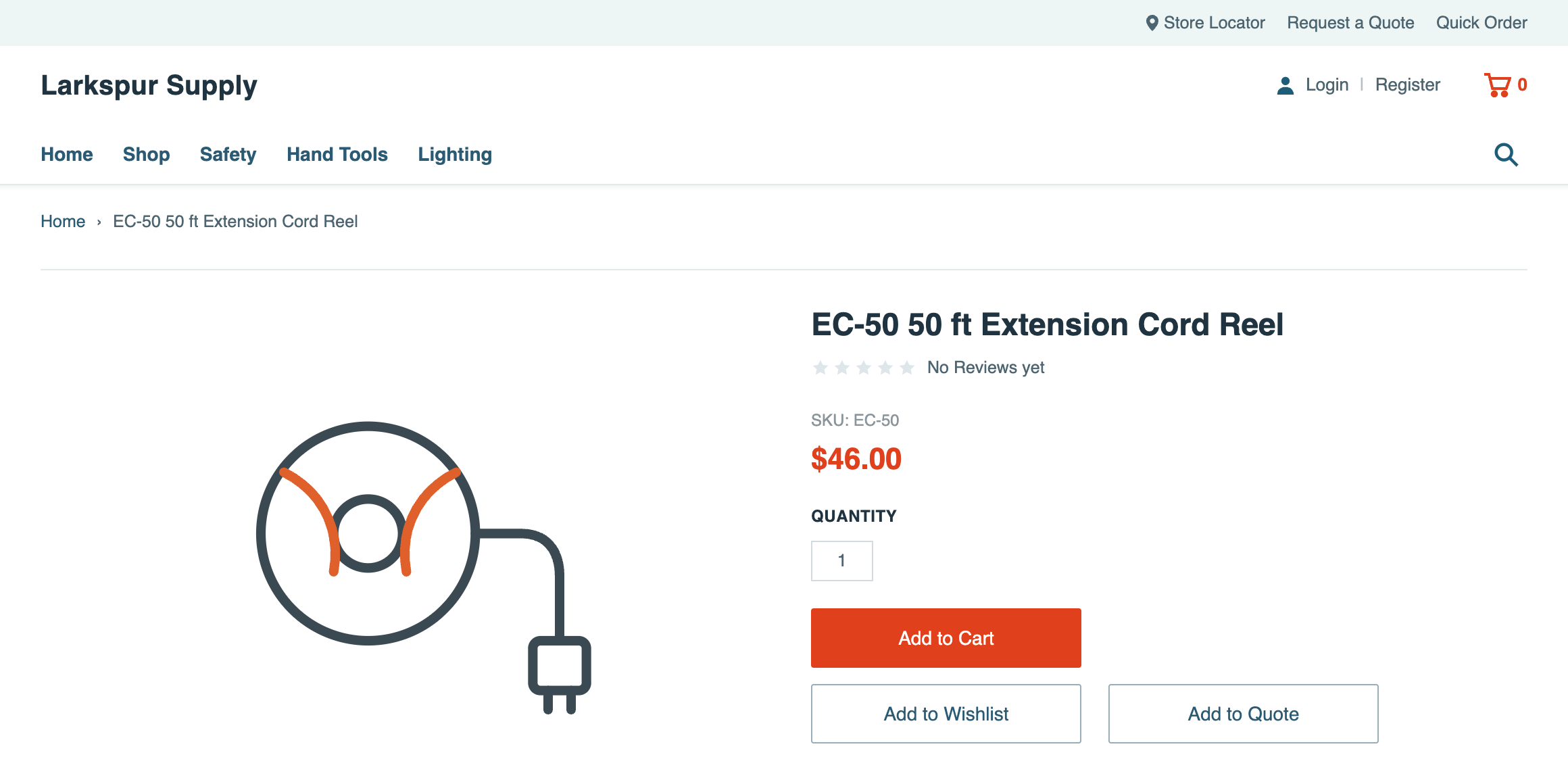 After visiting /extension-cord-reel-50-ft, the store shows the EC-50 50 ft Extension Cord Reel product page, SKU EC-50, $46.00.