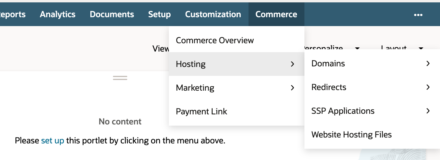 The Commerce menu with Hosting expanded, showing Domains, Redirects, SSP Applications, and Website Hosting Files. An arrow points to Redirects.