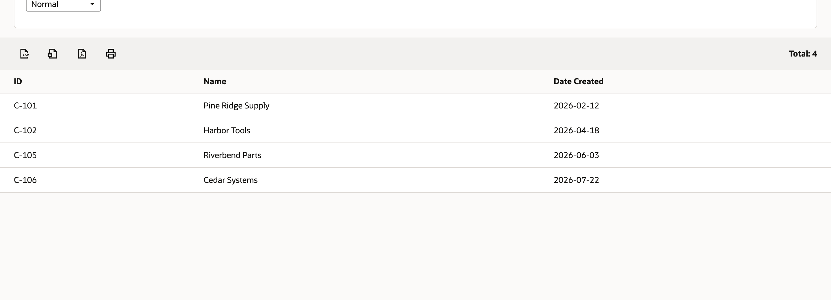 Relative-date preview shows four matching Customer rows and their 2026 creation dates.