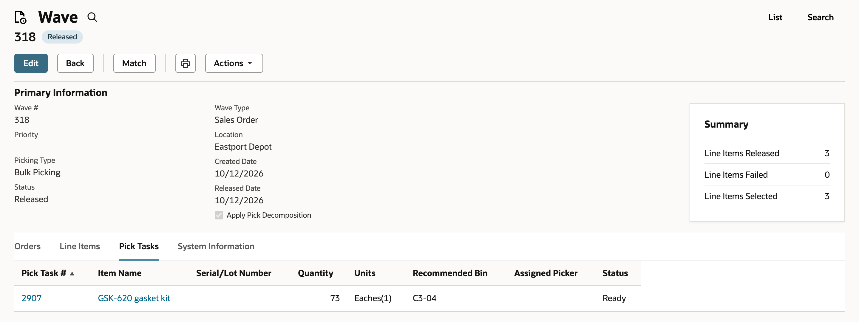 The saved wave Pick Tasks tab with one task for GSK-620 gasket kit, quantity 73 Eaches(1), recommended bin C3-04 and status Ready.