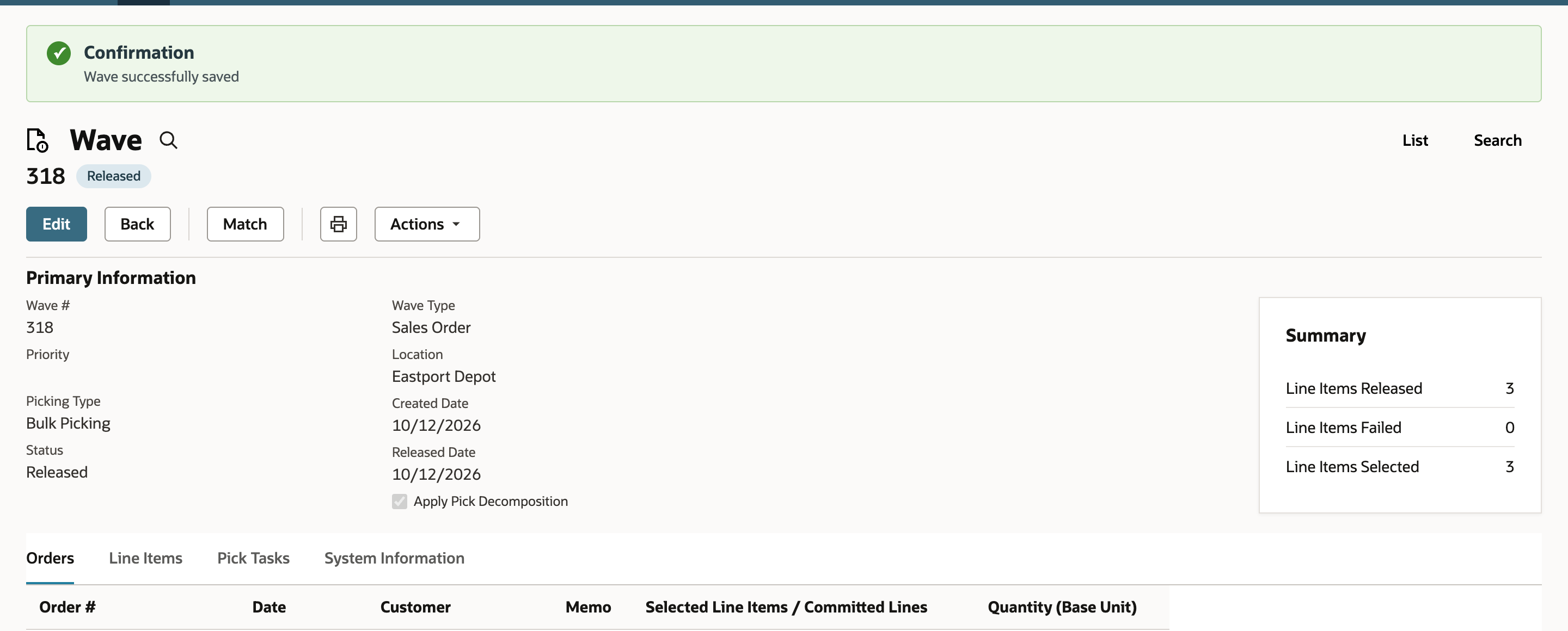 The saved wave 318 shows the confirmation, Picking Type Bulk Picking, Status Released and a Summary of 3 line items released and 0 failed.