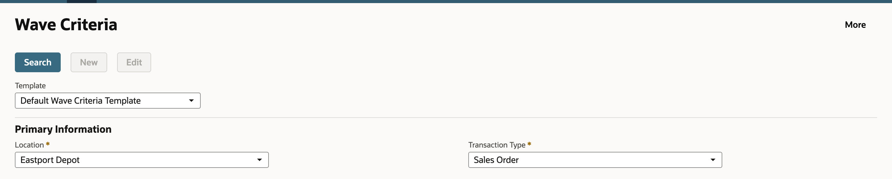 Wave Criteria with the location Eastport Depot and the transaction type Sales Order selected.