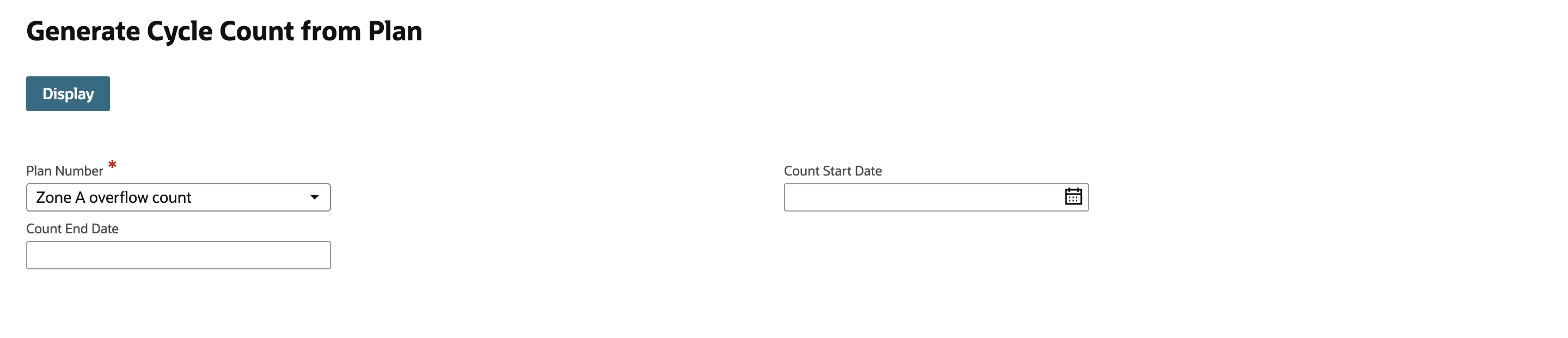 NetSuite Generate Cycle Count from Plan with Plan Number set to Zone A overflow count and both date fields empty