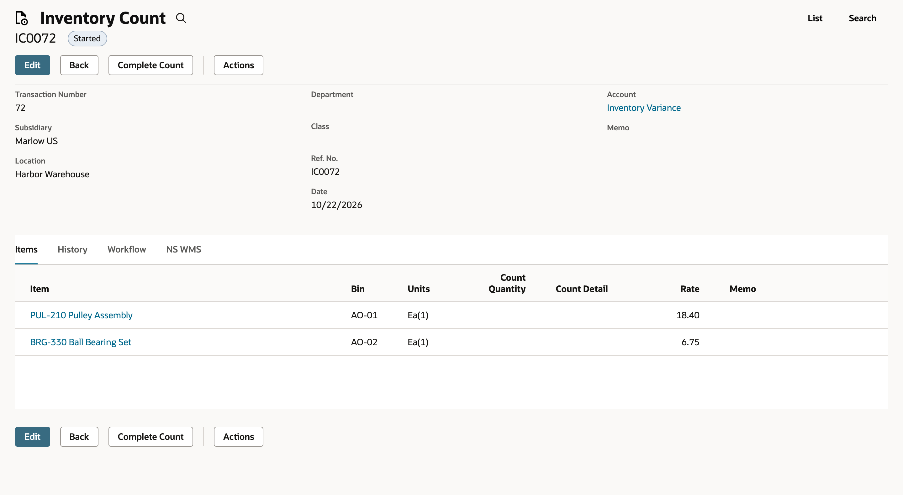 NetSuite inventory count IC0072 with status Started and two item lines, AO-01 and AO-02, and no line for AO-05