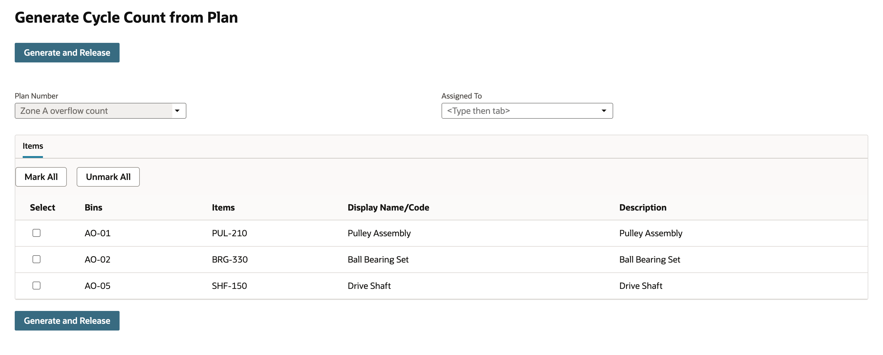 NetSuite Generate Cycle Count from Plan listing three unchecked rows, AO-01 with PUL-210, AO-02 with BRG-330 and AO-05 with SHF-150