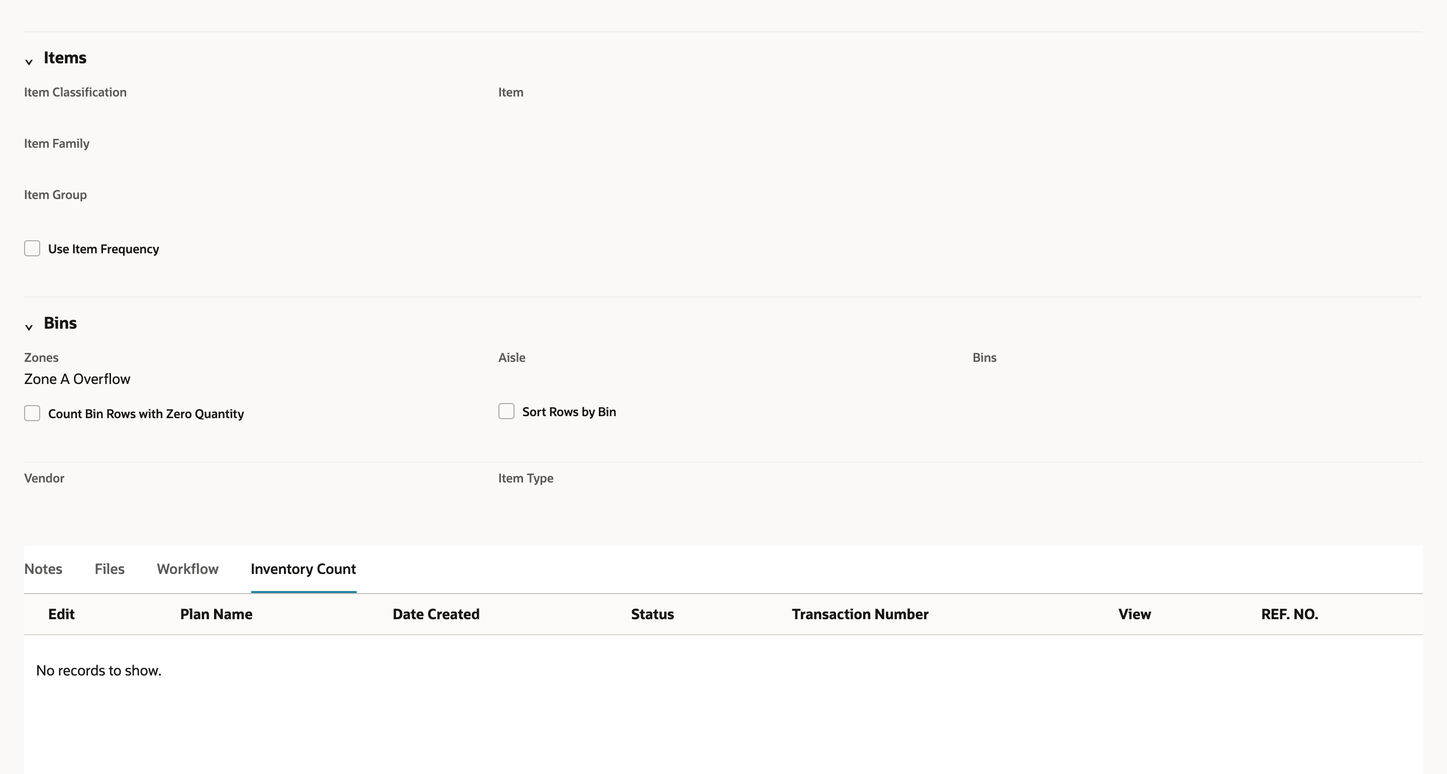 NetSuite WMS Cycle Count Plan Zone A overflow count with Zones set to Zone A Overflow, Aisle and Bins empty and an empty Inventory Count subtab